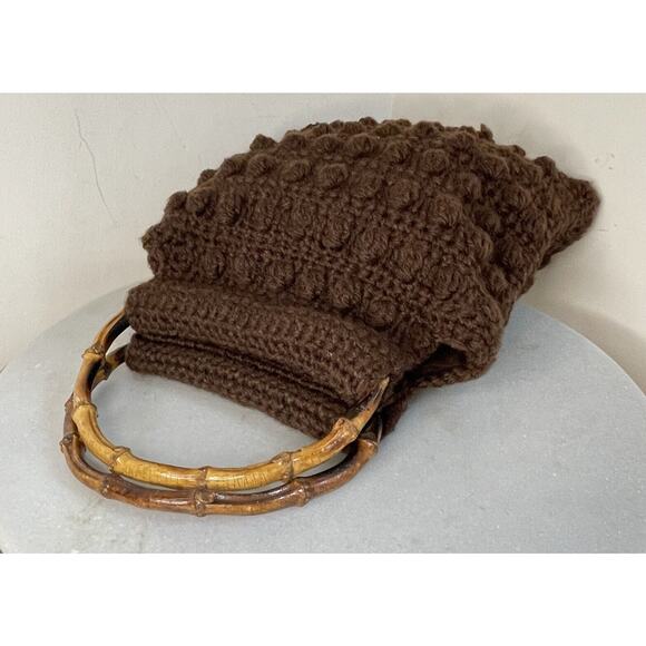 Handmade Crochet Chunky Knit Boho Brown Hand Bag 70s Grannycore Bamboo Handles - Picture 7 of 10